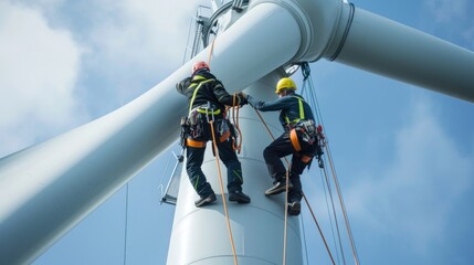 Technicians climbing a wind turbine tower for routine checks