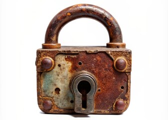 Old, worn, rusty padlock with intricate details, locked shut, isolated on a transparent background, conveying a sense of aged security and forgotten stories.