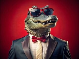 Obraz premium Stylish alligator wearing trendy sunglasses and bow tie stands confidently on solid red background, exuding coolness with a smirk on its scaly reptilian face.