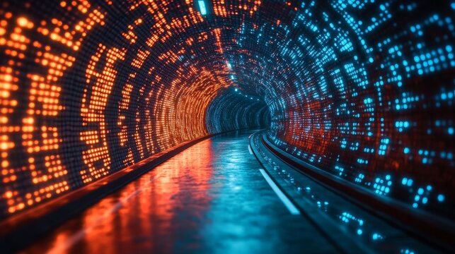 Colorful digital binary code projections on a modern, illuminated tunnel-like corridor with reflections.