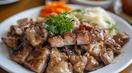 Fototapeta premium Delicious Oriental Pork Dish With Vegetables Garnished on Plate