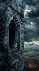 Flock of bats flying away from abandoned gothic castle window at dusk