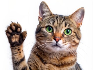 Obraz premium Adorable tabby cat with vibrant green eyes lifts paw in a friendly high five gesture, inviting interaction, against a clean white isolated background.
