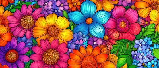 A Vibrant Floral Arrangement with Bold Colors and Intricate Linework