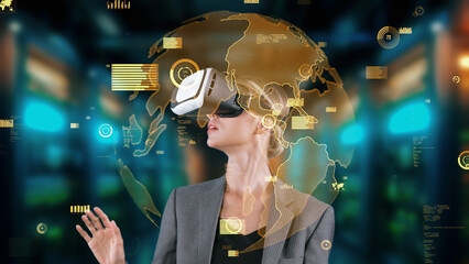 Woman pressing start opening analyze world finance data color green or orange through VR glasses turn around global interface digital infographic network technology virtual 3D animation. Contraption.