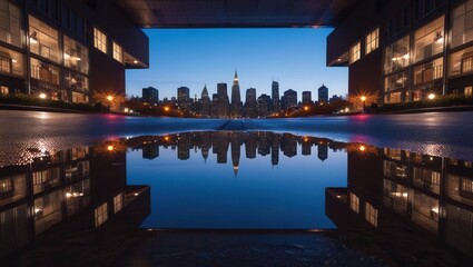 Fototapeta premium City Skyline at Dusk with Perfect Reflection. AI Generative