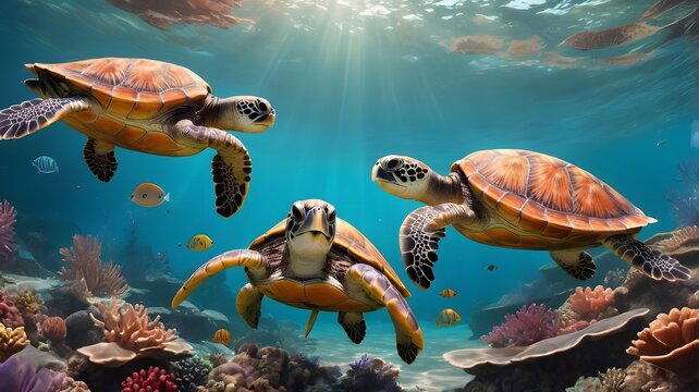 3 turtles and coral reefturtle