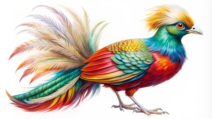 Obraz premium Vibrant, intricately detailed, ultra-realistic watercolor illustration of a stunning paradise bird, isolated on white, showcasing its mesmerizing plumage and majestic beauty.
