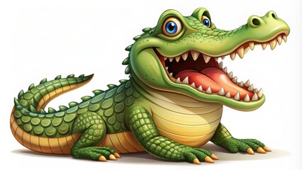 Fototapeta premium A colorful, cartoonish alligator with a smiling face and sharp teeth, sitting on a white background, holding a empty clip with its jaws open wide.