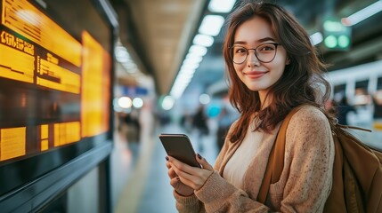 A young woman smiles while holding her phone at a busy train station during the evening hours.