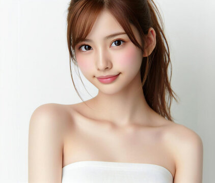 白いチューブトップの美女