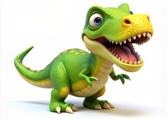 Fototapeta premium Colorful, friendly, prehistoric cartoon dinosaur with bright green skin and yellow belly, wide open mouth, and curious expression, set against a white background.