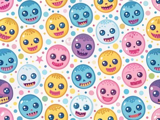 Vibrant white background adorned with playful, smiling zombie faces in pastel pink, blue, and yellow hues, creating a fun and spooky Halloween atmosphere.