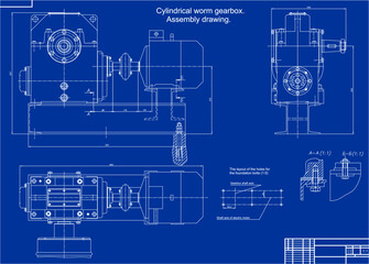 Assembly drawing of reducer.
Vector drawing of steel mechanical device with shaft, gear, 
electric engine, bolted connection and dimension lines. Engineering cad scheme.  Technical template of machine