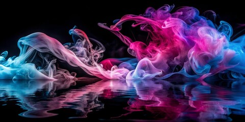 Naklejka premium Vibrant, swirling smoke tendrils in shades of pink, blue, and purple dance across the surface of water on a sleek, isolated black background.