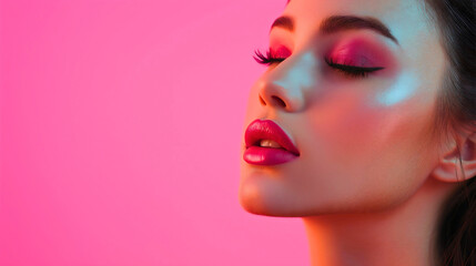 Beautiful young Caucasian woman with glamorous makeup, a female fashion or cosmetic model advertising creams and skincare products with smooth, clean skin isolated against a background with copy space