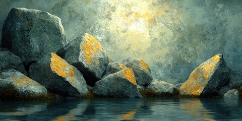 Fototapeta premium A Group of Large Rocks Covered in Yellow Algae by the Water's Edge