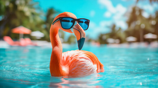 Portrait of a funny, cute flamingo with pink feathers wearing sunglasses standing in clear blue water ideal for swimming in the sea or ocean, on summer holiday or vacation, tropical animal at a resort