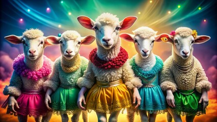Fototapeta premium Adorable sheep lamb models don stunning high-fashion couture outfits, striking glamorous poses on vibrant colorful backgrounds, perfect for luxurious birthday party invitations and advertisements.