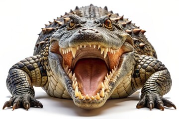 Obraz premium Fearsome crocodile with razor-sharp teeth and menacing gaze, jaws wide open, isolated on transparent background, ready to strike, in a scary predatory pose.