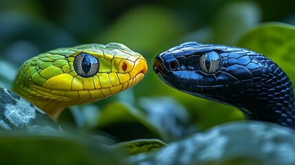 Fototapeta premium Yellow and blue snakes staring at each other in the jungle