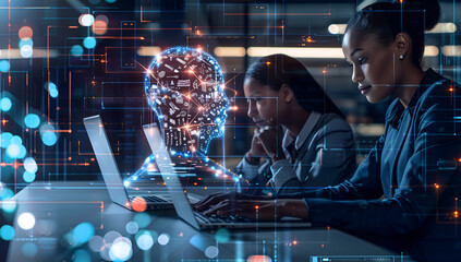 two business people working on their laptop with a head digital human representing an AI assistant in front of them, dark digital background