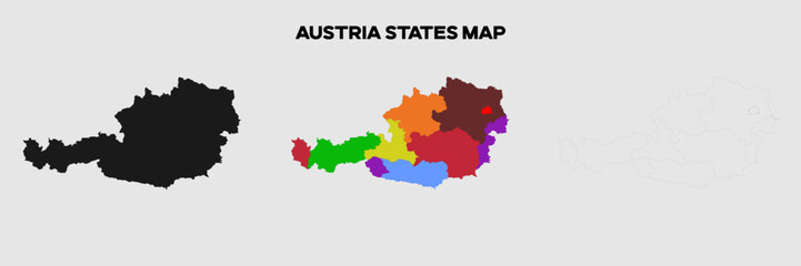 Austria States Map in colors. EPS file also in selhoutte and outlined form. Editable EPS file.