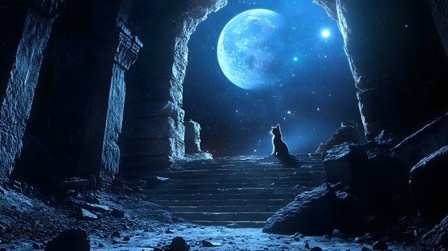 Exploring ancient ruins on distant moon with space cat pulp fiction style dramatic light 