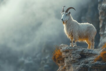 Obraz premium majestic wild goat on mountain ledge rugged terrain dramatic lighting misty background wildlife photography style