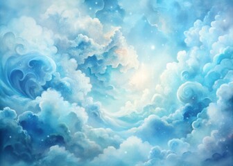 Soft serene blue abstract watercolor clouds swirl together in a dreamy ethereal texture, creating a calming and peaceful background perfect for design and digital art.