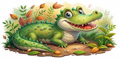 Fototapeta premium Colorful illustration of a smiling alligator in a fun, cartoon style, surrounded by leaves and vines, with a playful expression and shiny scales.
