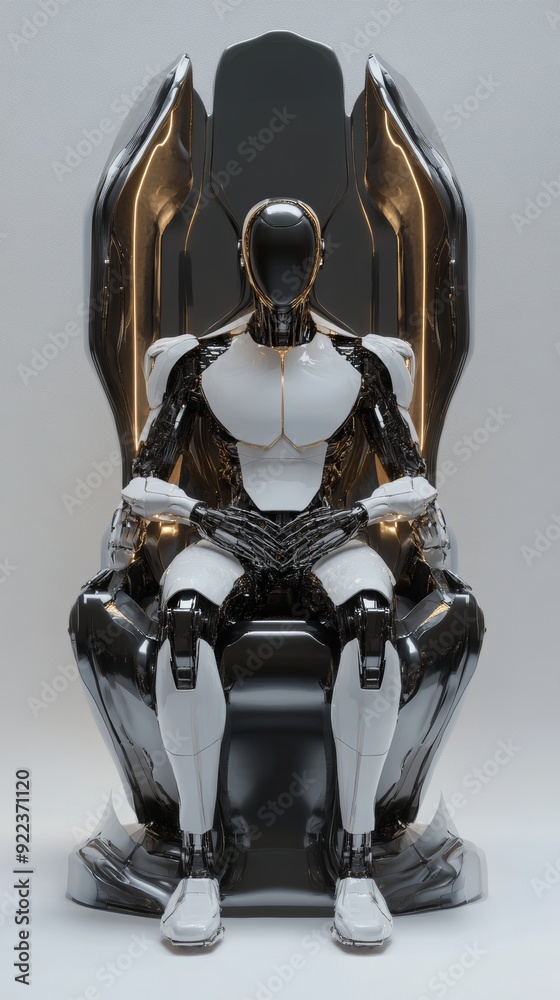 Sticker Futuristic robot sitting on throne posing for photo