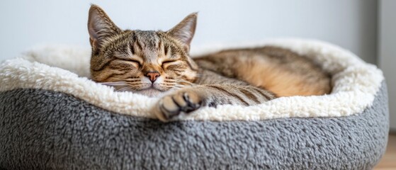 Tabby Cat Sleeping in a Plush Bed