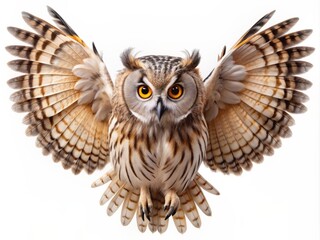Obraz premium A majestic solitary owl with soft feathers and piercing eyes spreads its wide wings, isolated on a pure white background, exuding wisdom and nocturnal mystery.