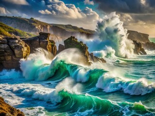 Fototapeta premium Powerful turquoise waves crash violently against rocky cliffs, sending plumes of spray high into the air as the ocean's fury unleashes its full force.