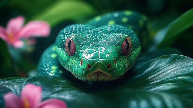 Green tree python snake resting on a branch