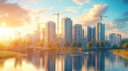 Fototapeta premium A thriving urban development scene with modern high-rise apartments, construction cranes, and real estate agents closing deals, reflecting the real estate sector's contribution to GDP.