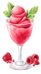A refreshing glass of raspberry sorbet topped with fresh mint leaves and raspberries.