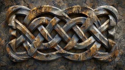 Intricate rusted metal knot design on textured stone background