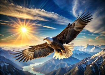 Fototapeta premium Majestic eagle spreads its powerful wings, soaring high in the bright blue sky, feathers glistening in sunlight, with vast landscape stretching out below.