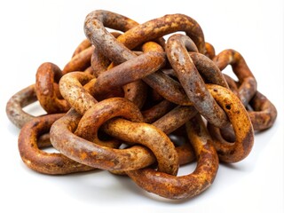 Fototapeta premium A rusty old chain with corroded links and rusty bolts lies twisted and tangled on a clean white background, evoking neglect and decay.