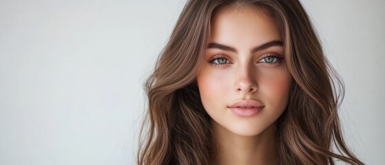 Naklejka premium Portrait of a Woman with Long Brown Hair and Green Eyes