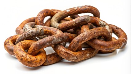 Obraz premium Rusty old chain with corroded links and worn metal texture lies coiled on a clean white background, evoking feelings of age and neglect.