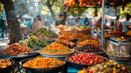 Obraz premium Festive outdoor market with cultural foods from around the world, traditional drinks, and lively entertainment creating a vibrant atmosphere