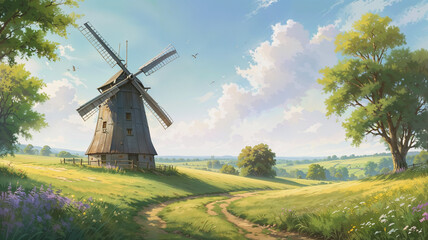 Fototapeta premium Windmill design on green grass field