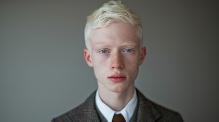 Young man with light blonde hair and freckles wearing a brown jacket poses in a neutral setting