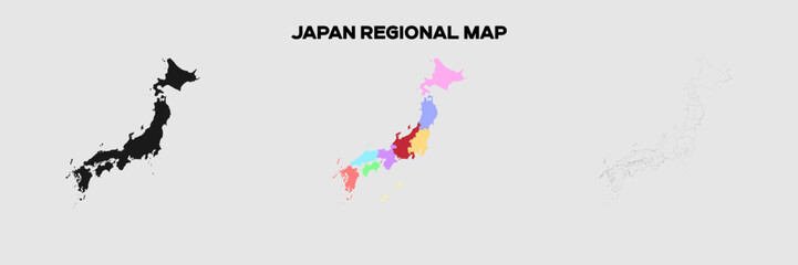 Japan Regional Map in colors. EPS file also in selhoutte and outlined form. Editable EPS file.