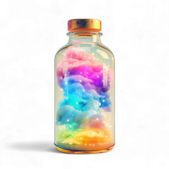 A glass bottle with magical colourful clouds inside isolated on a transparent background