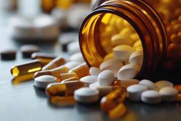 A pill bottle spilling out capsules and tablets, representing the pharmaceutical industry and modern medicine