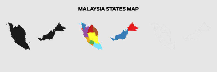 Obraz premium Malaysia States Map in colors. EPS file also in selhoutte and outlined form. Editable EPS file.